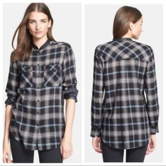 Vince Plaid Leather Trimmed Button Down Shirt Size 2 - NEW - Picture 2 of 8